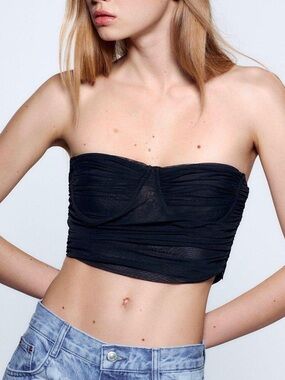 Zara Black Strapless Ruched Mesh Cropped Tube Top